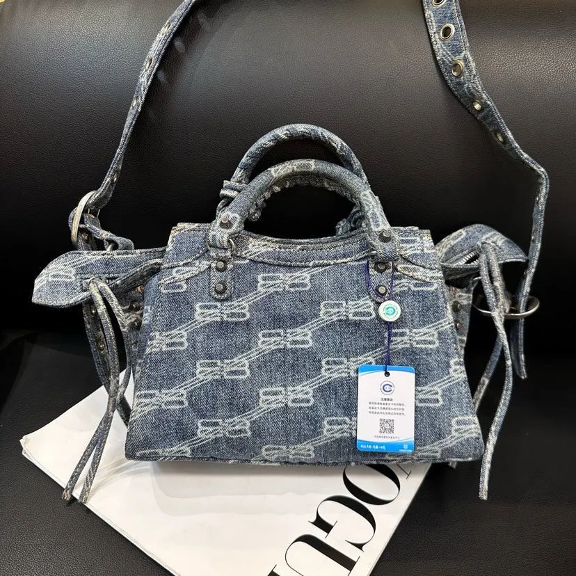 Balenciaga Blue Denim Motorcycle Bag 25cm
