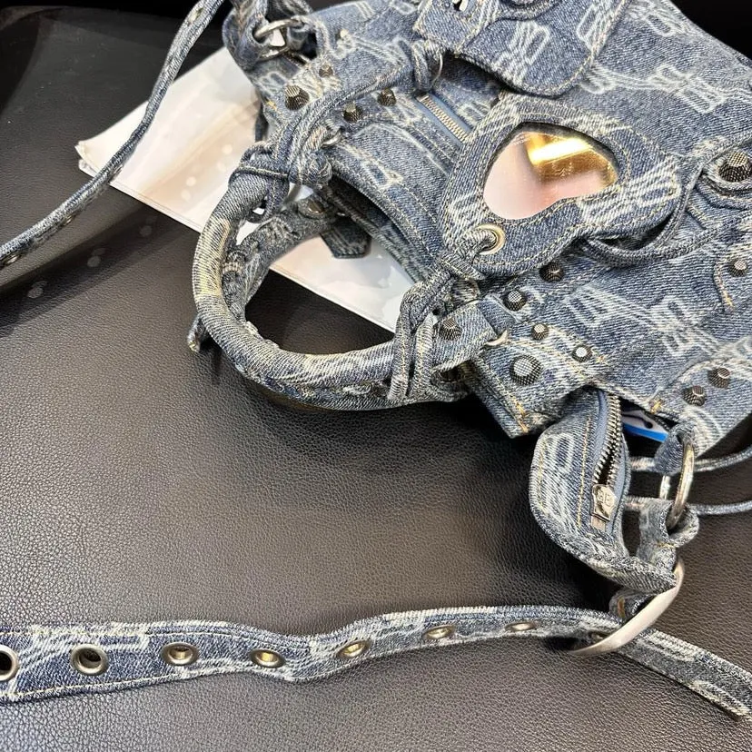 Balenciaga Blue Denim Motorcycle Bag 25cm