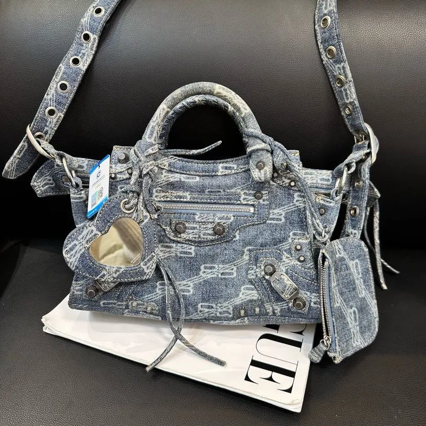 Balenciaga Blue Denim Motorcycle Bag 25cm