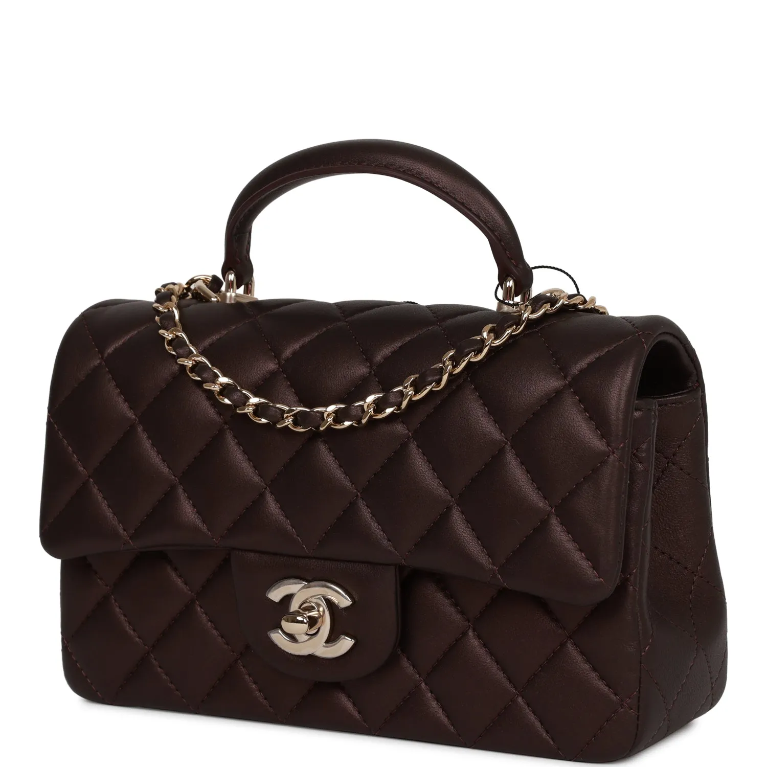 Chanel Mini Rectangular Flap Bag with Top Handle Burgundy Lambskin Light Gold Hardware