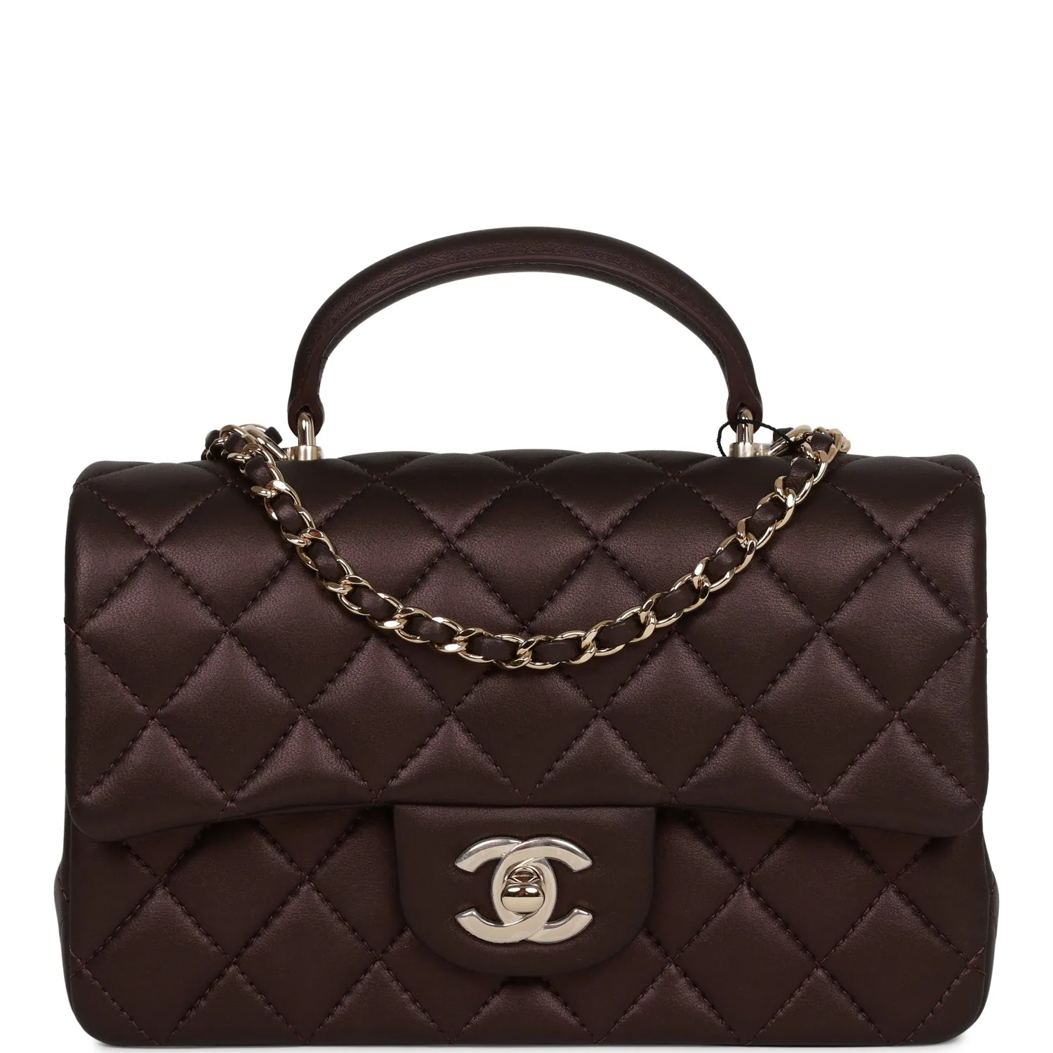 Chanel Mini Rectangular Flap Bag with Top Handle Burgundy Lambskin Light Gold Hardware