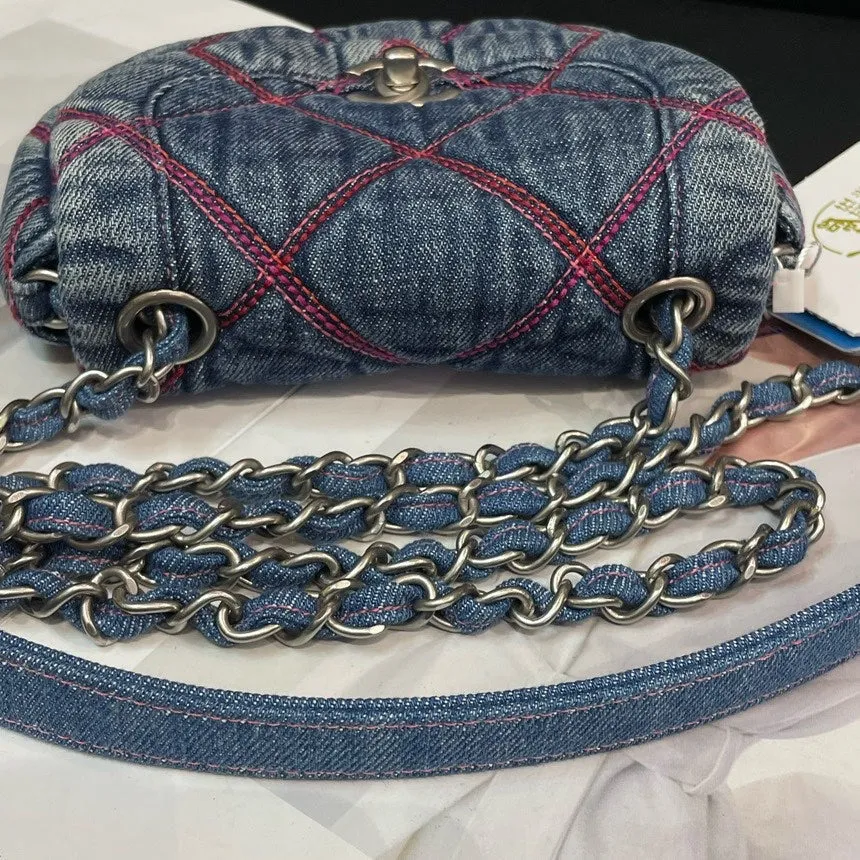 Chanel Tennin Piggy Bag Denim Quilted Chip Model Blue 17cm