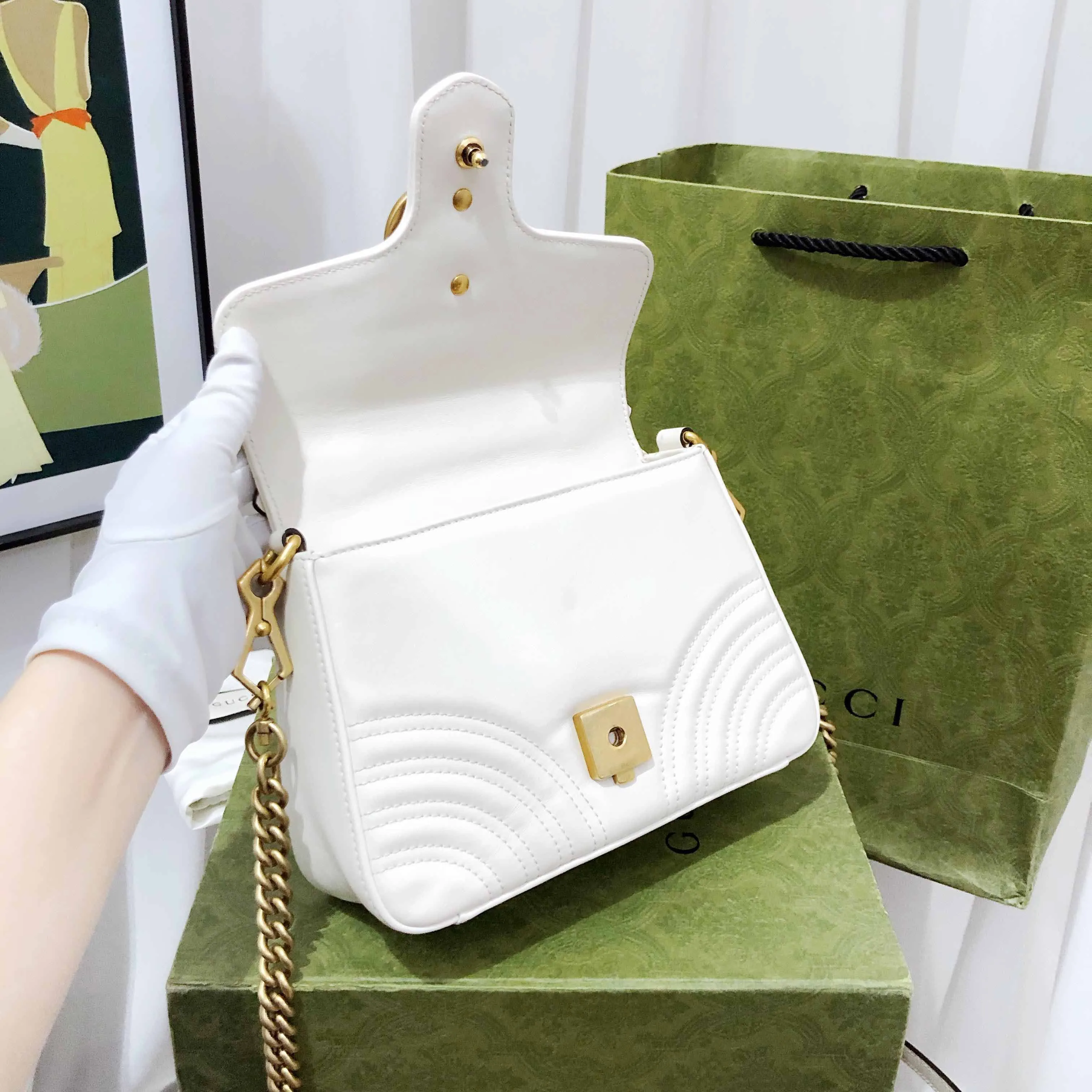 Gucci Marmont Mini White Leather Quilted Shoulder Bag