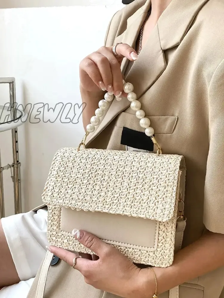 Hnewly - Faux Pearl Decor Flap Square Bag  - Women Satchels