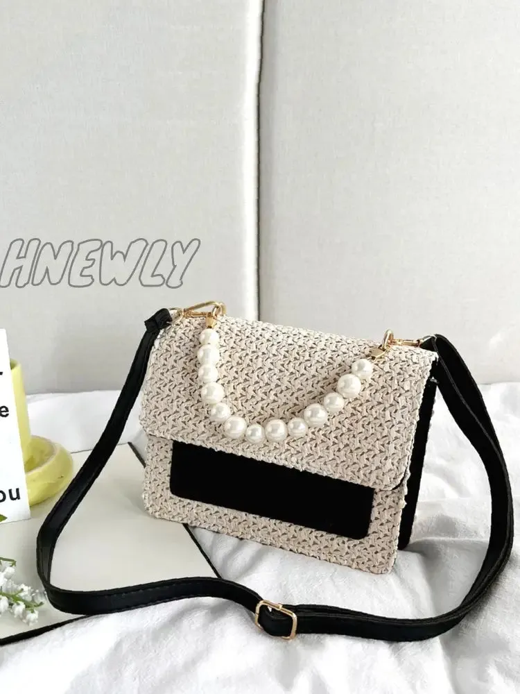 Hnewly - Faux Pearl Decor Flap Square Bag  - Women Satchels