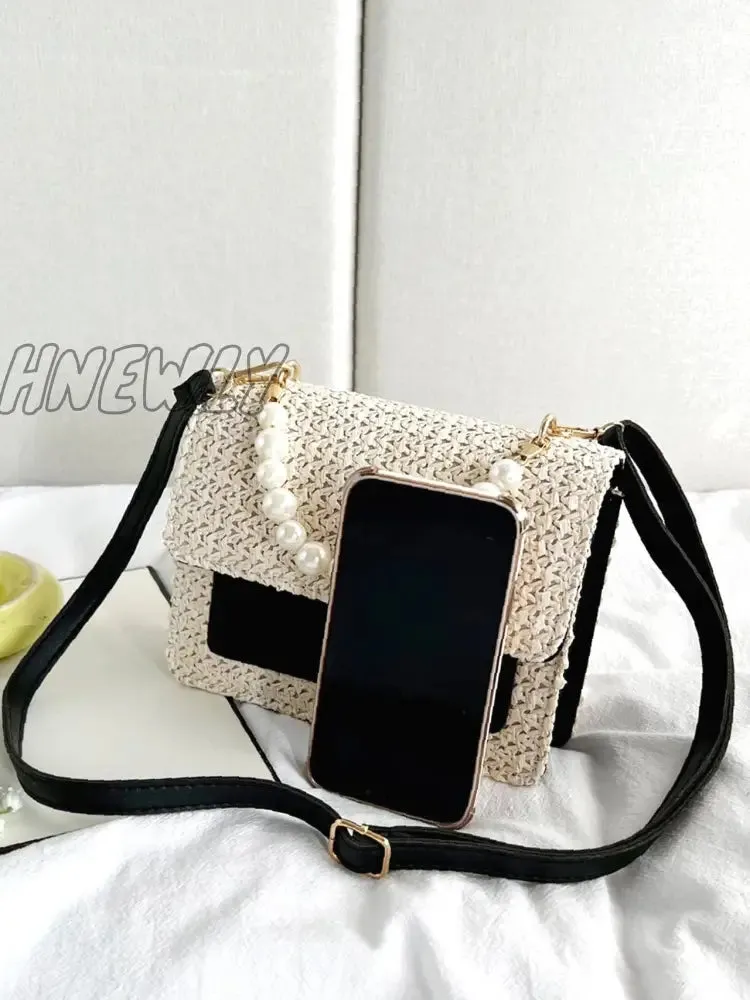 Hnewly - Faux Pearl Decor Flap Square Bag  - Women Satchels
