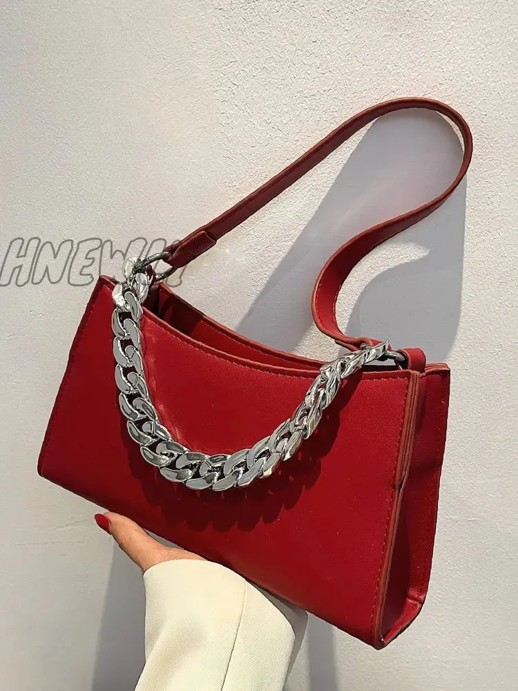 Hnewly - Minimalist Chain Handle Baguette Bag  - Women Satchels