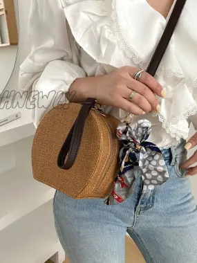 Hnewly - Twilly Scarf Decor Straw Bag  - Women Satchels