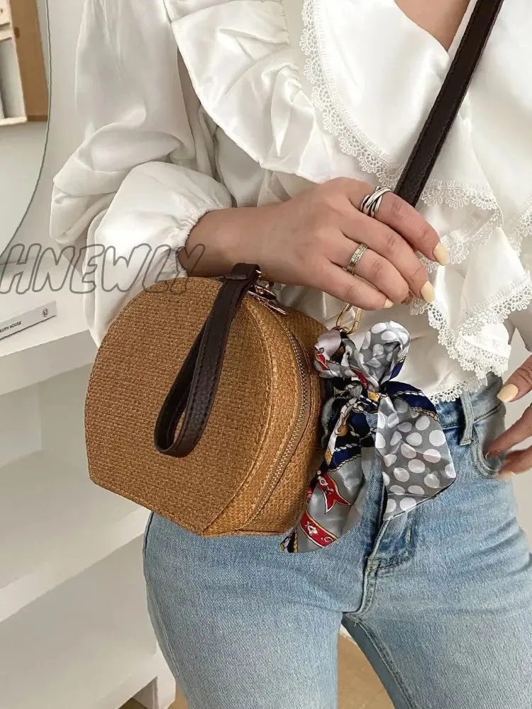 Hnewly - Twilly Scarf Decor Straw Bag  - Women Satchels