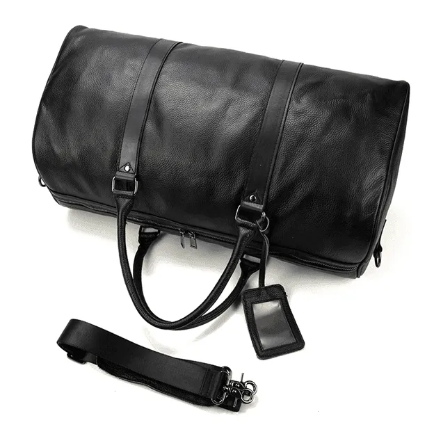 Mens Leather Overnight Luggage Weekender Duffel Bag Black